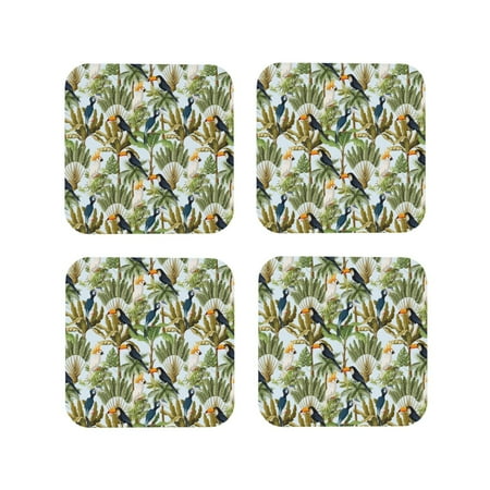 

Coasters Set of 4 - Tropical Cute Parrot Toucan Drink Coasters for Tabletop Protection Leather Coasters for Living Room Decor and Housewarming Gift Square