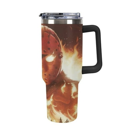 

Jason Voorhees Friday 40oz Water Bottle Fits in Cup Holder Stainless Steel Insulated Tumbler with Handle Straw Car Cup
