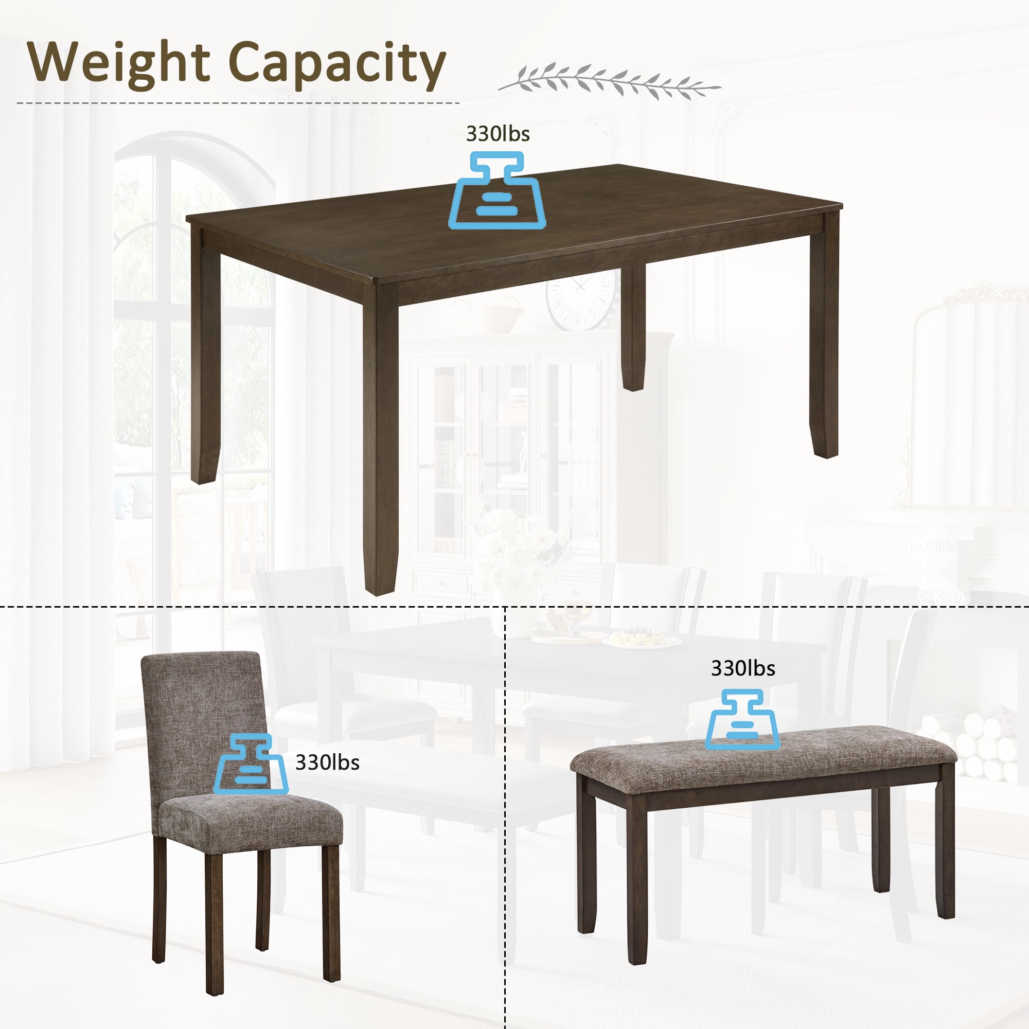 6-Piece Dining Table Set for 6, 58.5" Wood Rectangular Kitchen Table with 4 Chairs & Bench