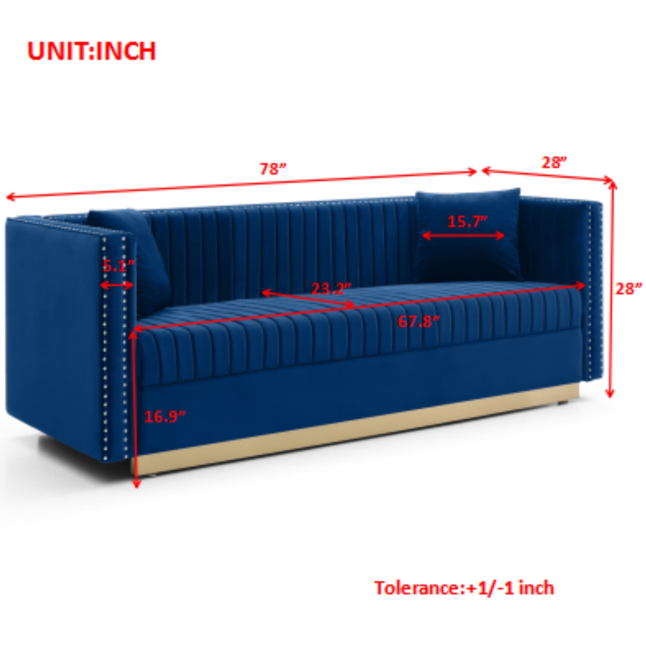 FFH 78" Mid-Century Modern Velvet Sofa with Deep Seat, 3-Seater Comfy Sofa with Nailhead Trimming and 2 Pillows, Upholstered Lounge Couch for Living Room