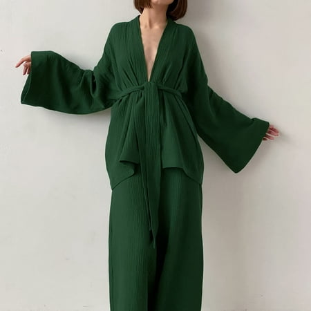 

Honeeladyy Women s Long Sleeved Loose Rousers Crepe Women s Solid Color Nightgown Housewear Pajama Suit pajamas summer for women sets