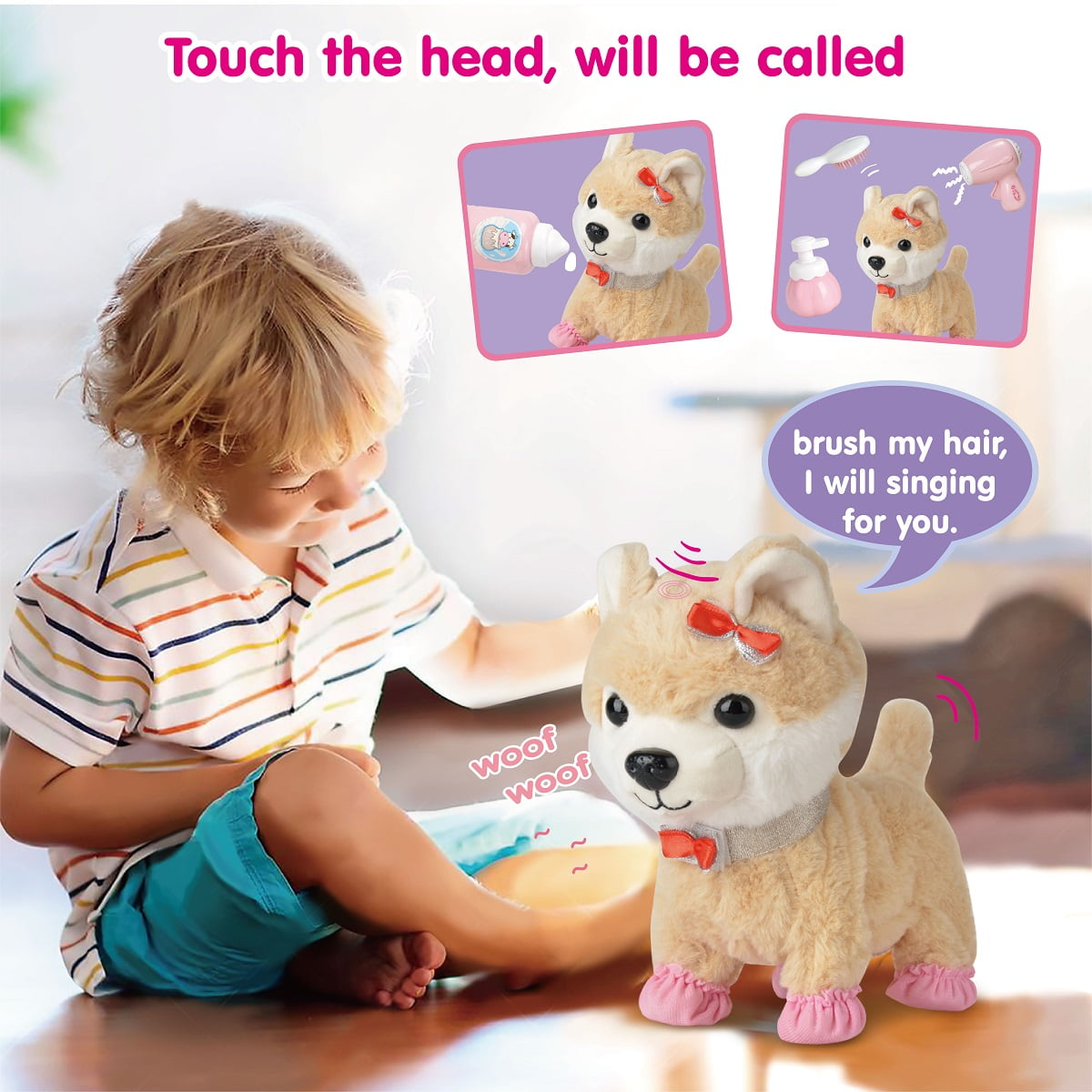 OR OR TU Walking Barking Toy Dog with Remote Control Leash, Plush Puppy  Electronic Interactive Toys for Kids, Shake Tail,Pretend Dress Up Realistic