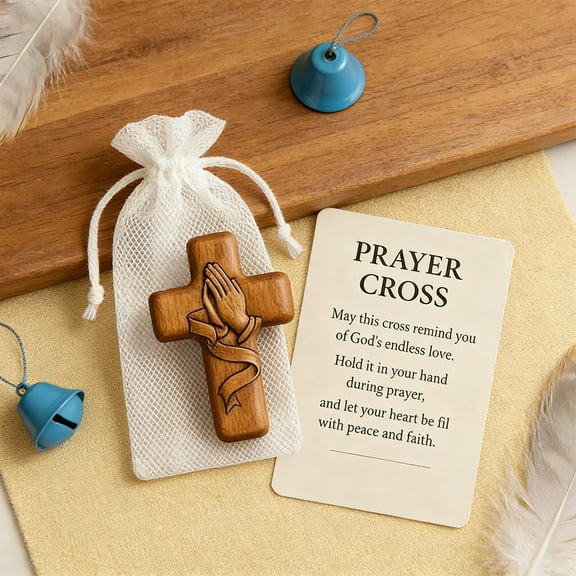 Pocket Cross With Wooden Token, Prayer Card, And Drawstring Bag - Religious Keepsake With Engraved Design, Comforting Gift For Faithful - Ideal For Daily Carry, Spiritual Support,