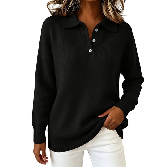 BODOAO Women's Polo Sweater Long Sleeve Pullover Collared Button Neck Knit Sweater Top with Drop Shoulders 3 Button Placket and Oversized Relaxed Fit Long Sweater Top Black L