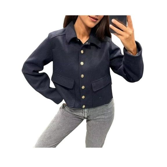 Women's Coats Lapel Cropped Jacket Button Down Casual Varsity Jacket with Pockets Navy Blue S