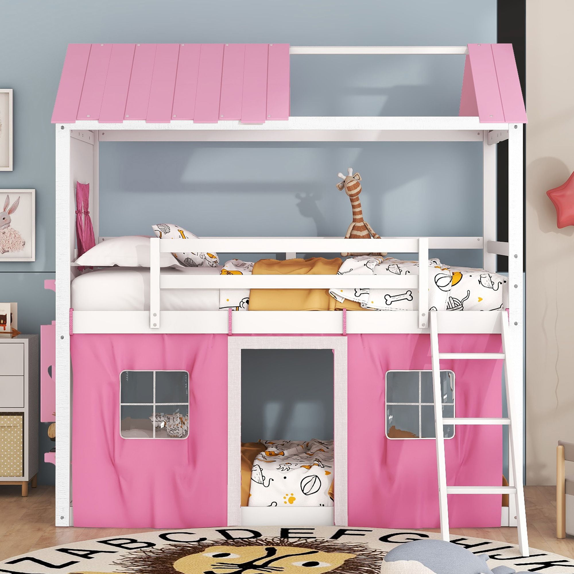 Aukfa Twin over Twin Bunk Bed with Tent and Roof, Wood Playhouse Bed for Kids, Pink