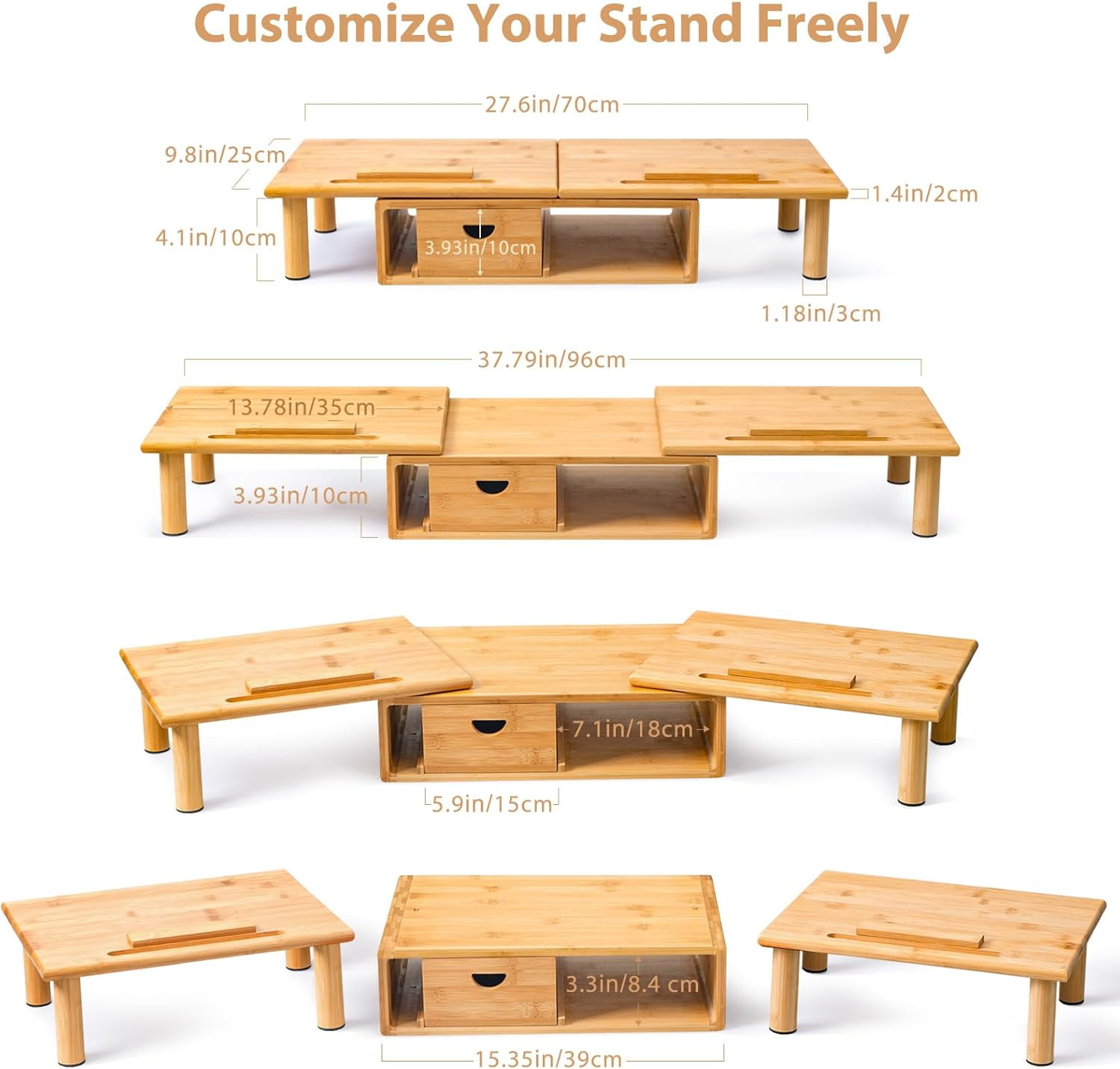 Dual Monitor Stand Riser with Drawer for Desk Laptop Shelf Adjustable Length Angle  Computer Stand for 2 or 3 Monitors Screen PC TV Natural