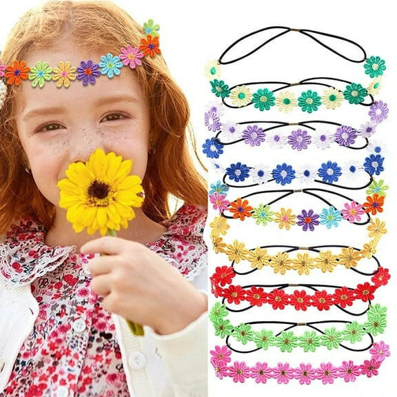 8PCS Sunflower Headband Hippie,Sunflower Hair Wreath,Elastic Floral Headband,Fabric Floral Headpiece for Party Gift Travel Wedding Festivals(Random Color)