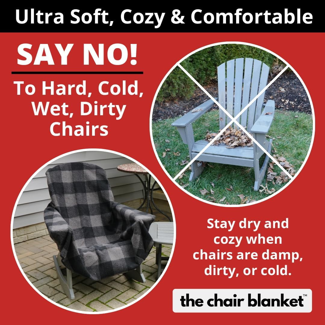 FeGe  The Chair Blanket – Reversible, Waterproof & Polar-Lined - Stretchable Elastic Back - Original Patio Chair Cover – Ideal for Homes and Outdoor Furniture- with Carry Pouch – Gray Plaid