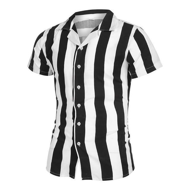 Camisas Para Hombre Manga Larga Camisas a rayas para hombre Camisas informales de manga corta con botones (Black, XL)