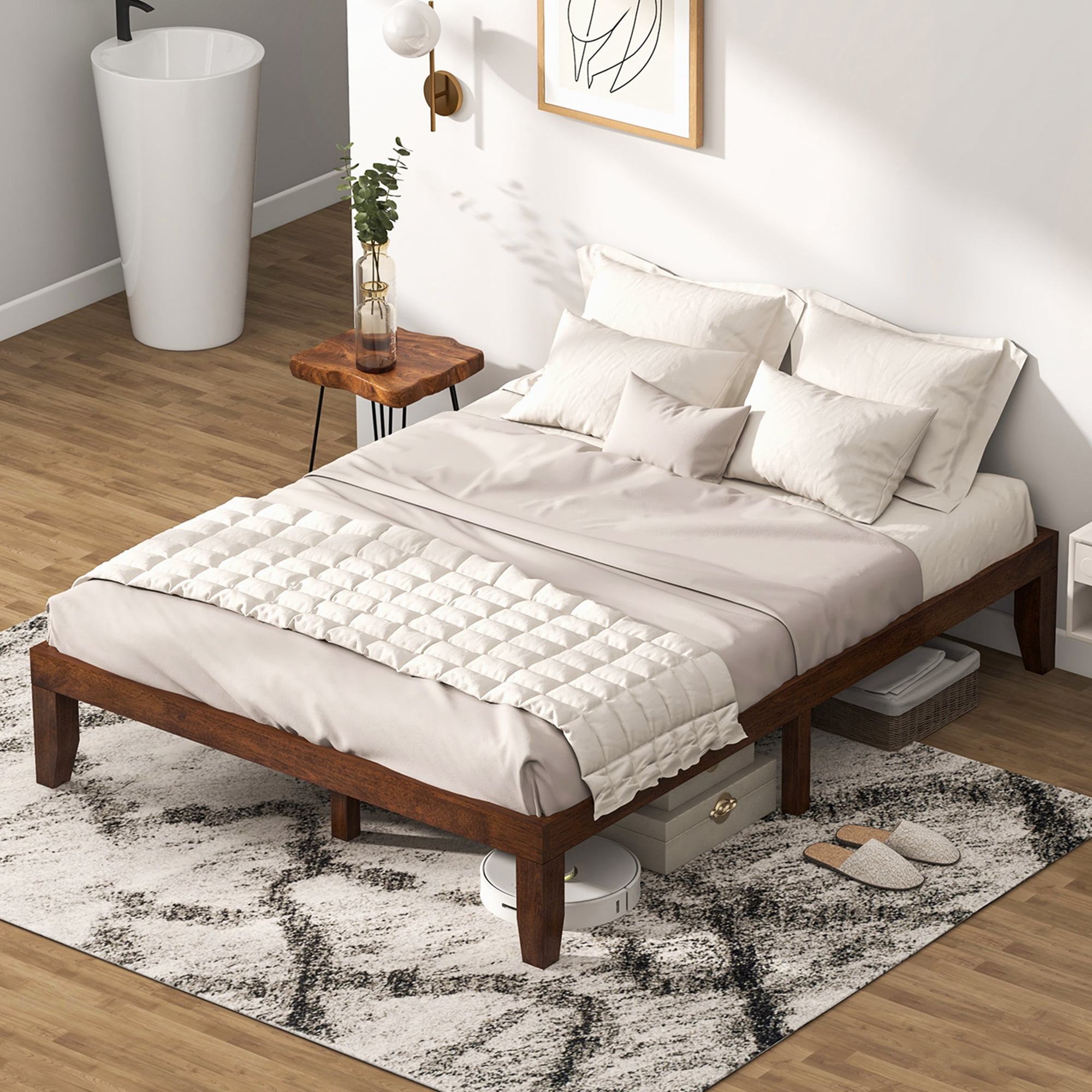 Costway Adult Queen Modern Rubber Wood Platform Bed, Brown Cherry