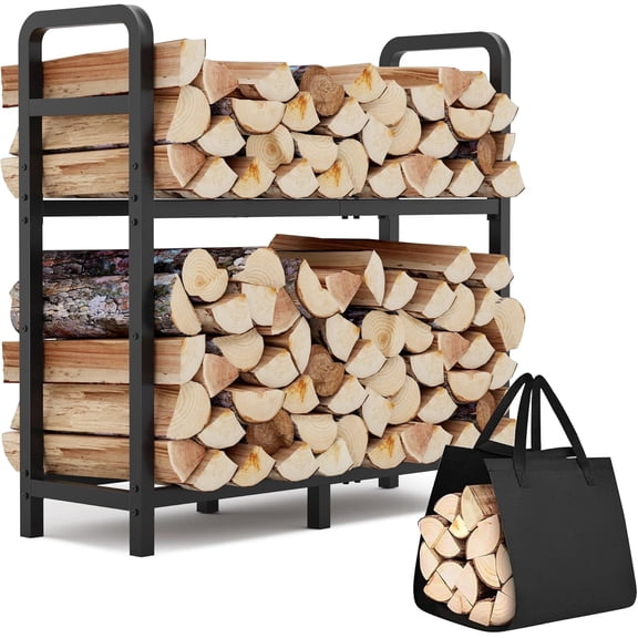 Sparklane - 2-Tier Large Firewood Rack Outdoor Indoor with Log Carrier Bag, 30" Stable Log Holder Rustproof Metal Wood Rack for Fireplace Patio Deck Firepit,Heavy Duty Firewood Storage Organizer Tool