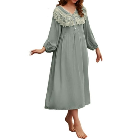 

Women s Button Front Long Sleeve Lace Nightgown Long Length Sleep Dress L(8/10)