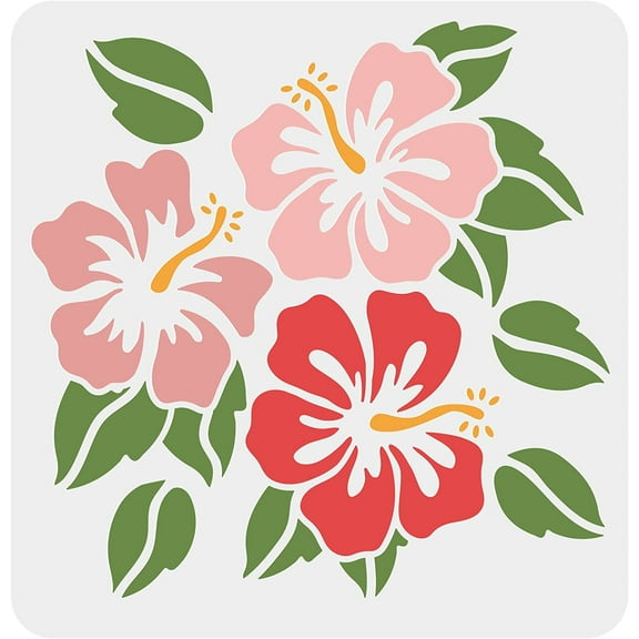 Hibiscus Flowers Stencil 11.8x11.8 inch Hawaii Flower Stencil Reusable Square Flowers Leaf Plant Washable DIY Stencil Template for Painting Drawing on Wood Floor Wall and Tile for diy