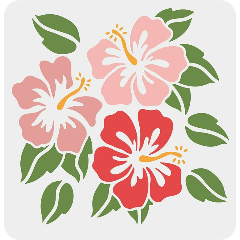 Hibiscus Flowers Stencil Hawaii Flower Stencil Reusable Squre Flowers Leaf  Plant Washable DIY Stencil Template for Painting Drawing on Wood Floor Wall