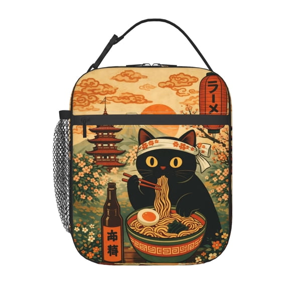Cute Cat Ramen Pattern Lunch Bag Reusable Thermal Lunch Tote with Handle for Women and Men