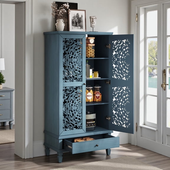 GZXS 55" Tall Freestanding Storage Cabinet with Drawer, 2-Door Vintage Hollow-Carved Accent Cabinet with Adjustable Shelves & Solid Wood Legs, for Living Room, Kitchen & Entryway (Antique Blue)