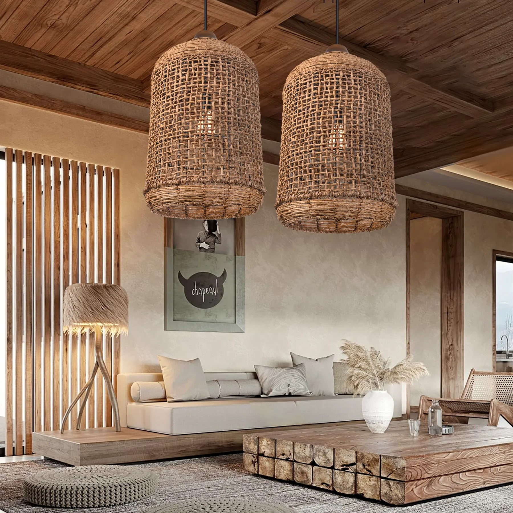 LittleGlovo Oversize Wabi-sabi Kitchen Island Light Large Rattan Pendant Light Fixtures