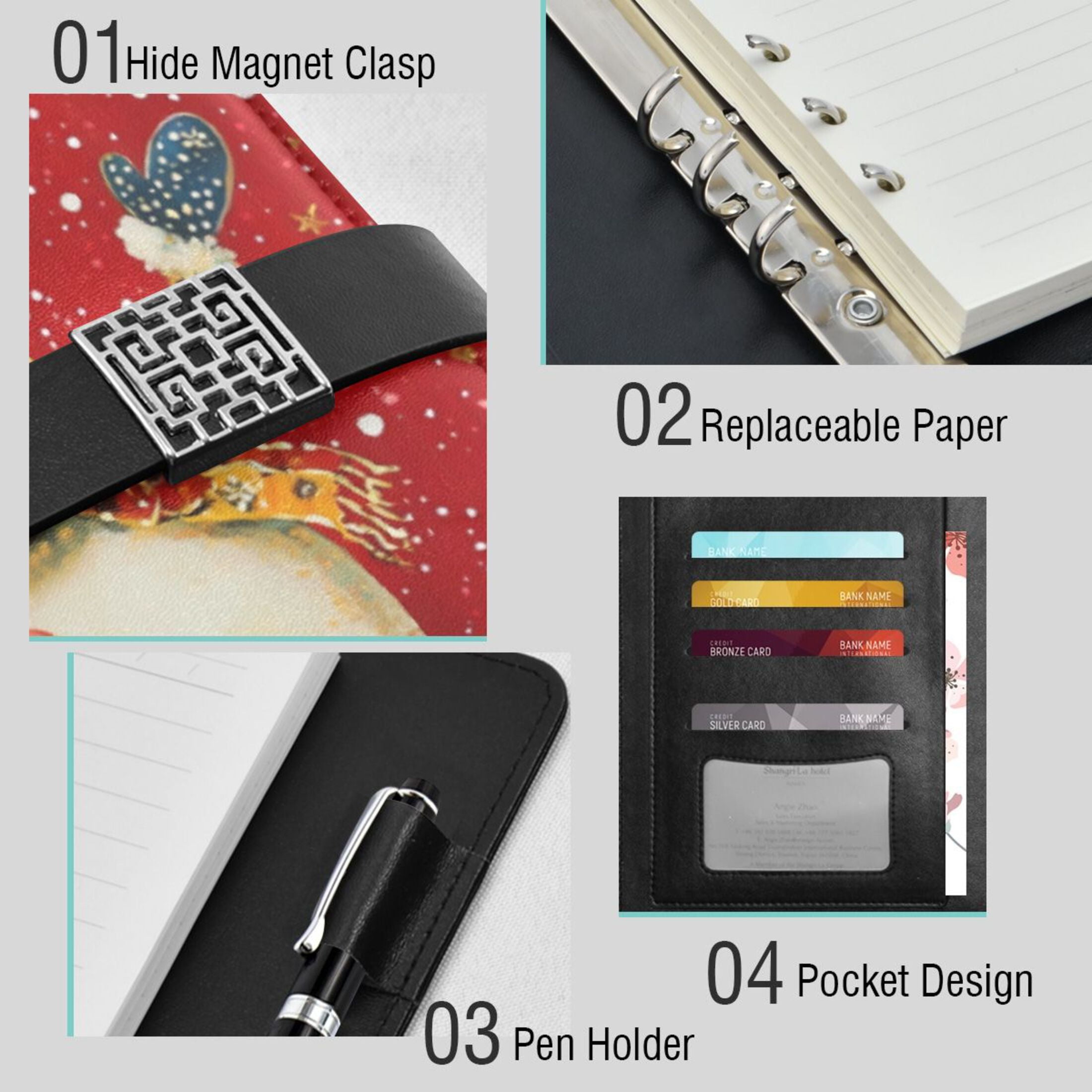 Leather Planner Leather Notebook Notebook Journal Binder Design Pen Pocket Design Convenient for Storage Cute Red Christmas Snowman
