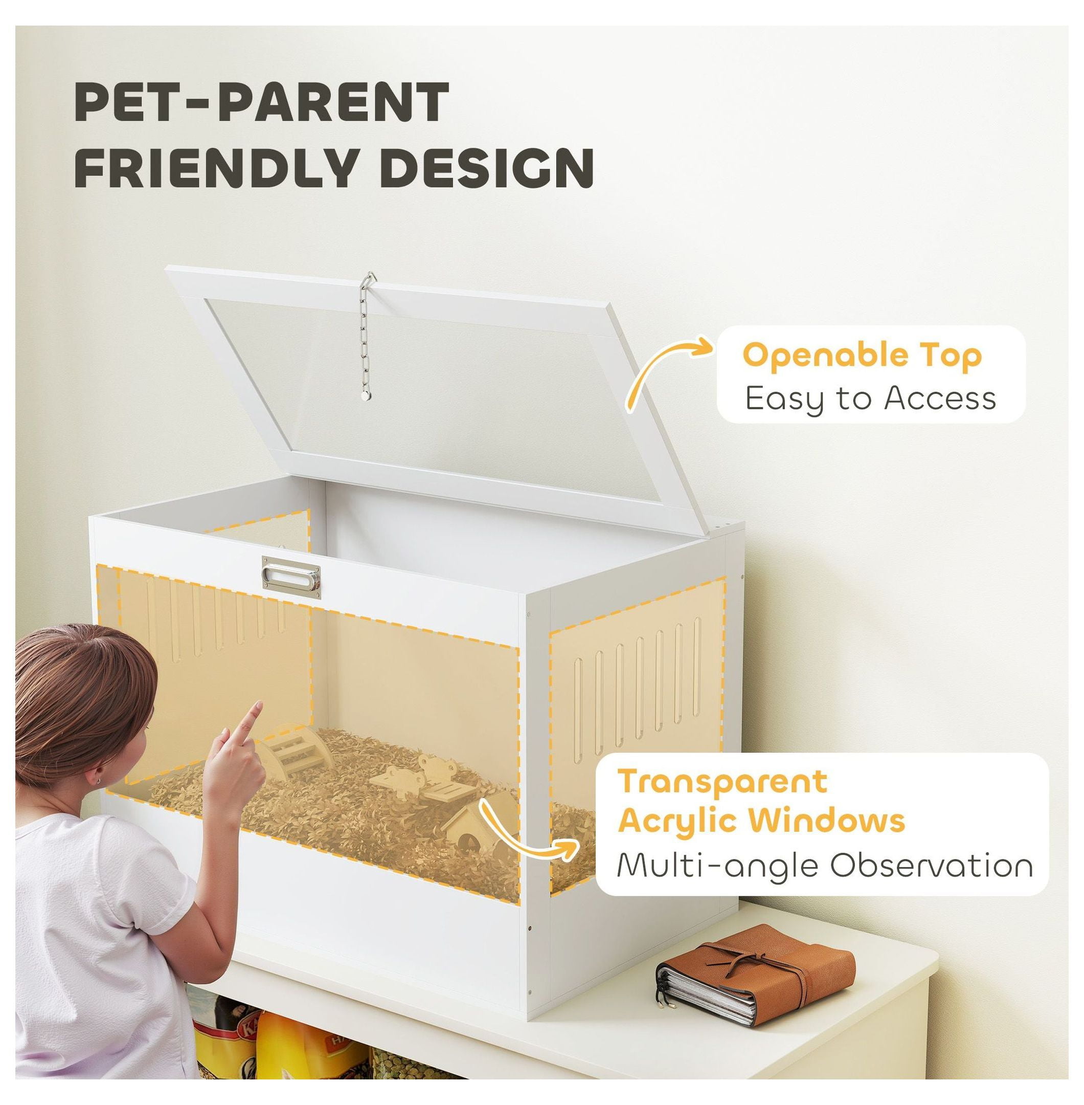Hamster Cage with Openable Top & Lock, Hut, Transparent Acrylic Panels, Accessories, for Dwarf Hamster Gerbil, White