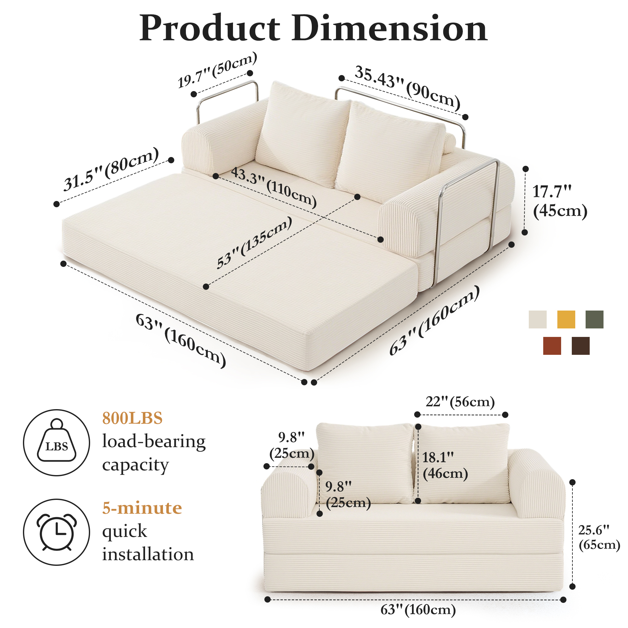 COOLHUT 63" W Convertible Sofa Bed, Foam Floor Sofa, Folding Sleeper Sofa Couch Bed with Six Frame, High Rebound Density Sofa, Corduroy Sofa Couch Bed for Living Room, Bedroom, Beige