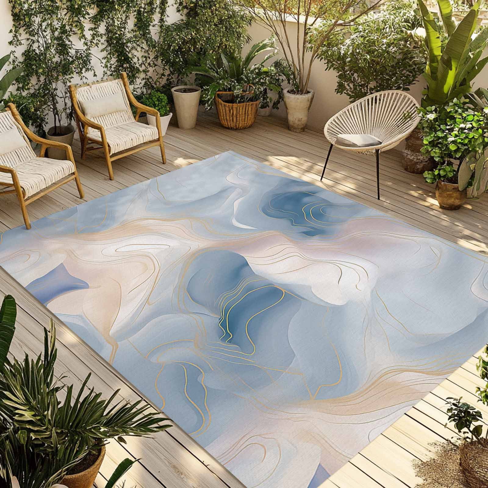 Outdoor Rug 5x8ft Abstract Marble Large Area Rug Ombre Blue Lines Indoor Outdoor Carpet Outdoor Rugs Mats for Patio Camping,RV,Front Door, Outside Decor