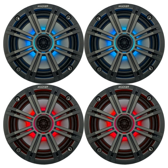 2 Pairs (QTY 4) of Kicker 8" OEM Marine Coaxial Charcoal Speakers with MultiColor LED Lighting (Factory Reconditioned)