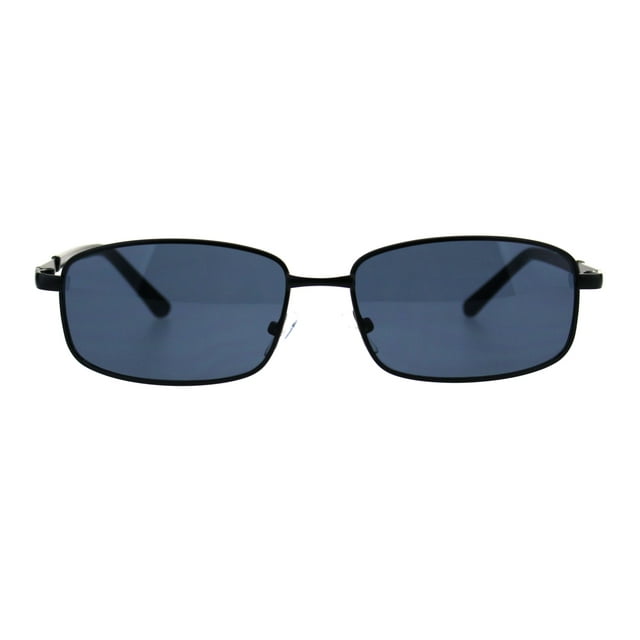 Mens Narrow Rectangular Metal Rim Retro 90s Sunglasses All Black 