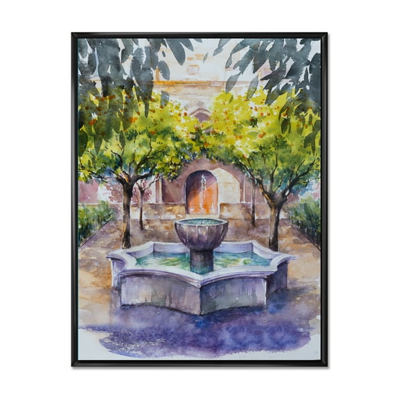 Designart 'Small Fountain With Trees In The Village House' Country Framed Canvas Wall Art Print