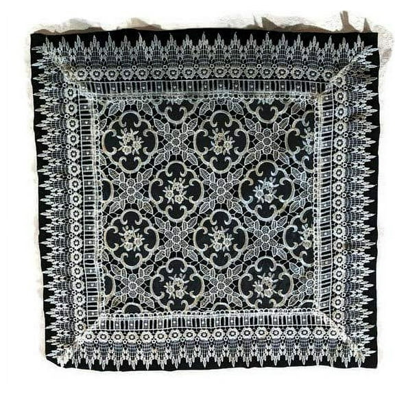 Doily Boutique Tablecloth or Table Topper Square with Antique White Flowers on Sheer Fabric and Lace, Size 34 x 34 inches