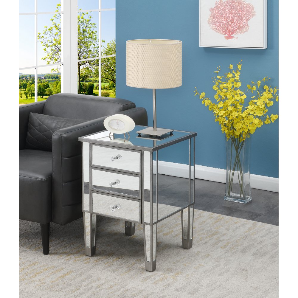Convenience Concepts Gold Coast 3 Drawer Mirrored End Table, Mirrored