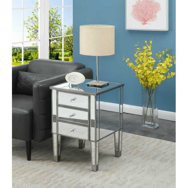 Convenience Concepts Gold Coast 3 Drawer Mirrored End Table, Mirrored/Antique/Silver Walmart