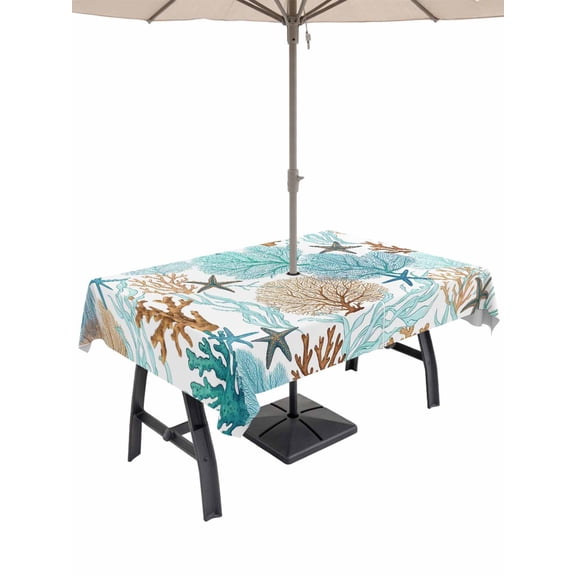 Outdoor Tablecloth with Umbrella Hole for Patio/Picnic/Party/Camping, Ocean Coral Waterproof Table Cloth Rectangle Table Cover Washable, Summer Coastal Marine Seaweed Starfish Watercolor (60"x 120")