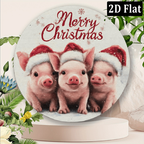 2D Flat, 1pc Aluminum Christmas gift Rustic Merry Christmas Pig Sign, 8x8inch 20x20cm, Round Wall Decor, Vintage Festive Plaque, No Power Needed, Wall Hanging, Multi-Purpose Home Kitchen Decor Merry