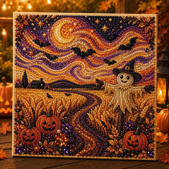 Halloween Pearl Art DIY Kit, 3D Diamond Painting Craft Kit with Luxury Flocked Canvas, Halloween Pearl Bead Wall Art, DIY Spooky Home Decor (A)