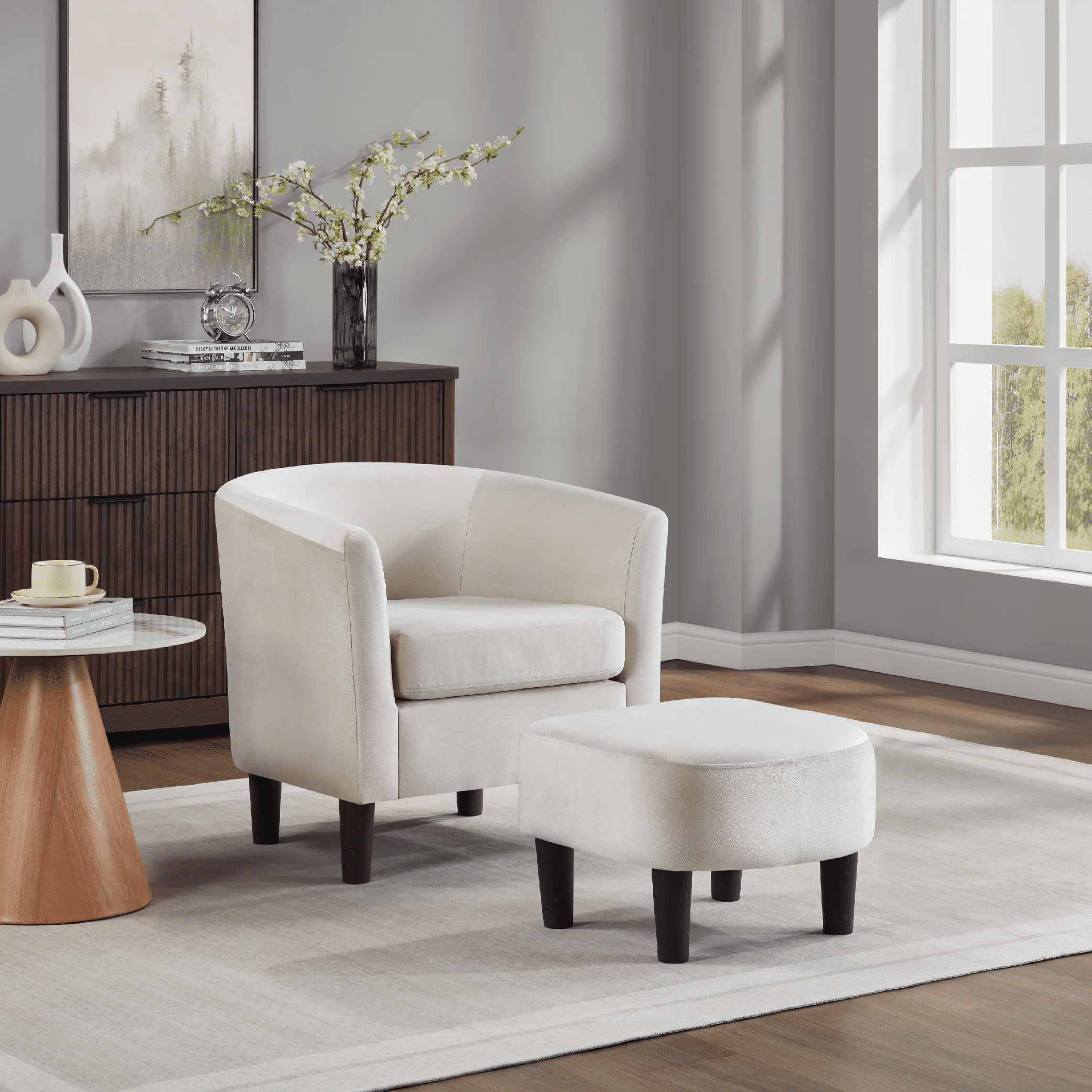 Accent Barrel Chair with Ottoman, Modern Club Chair Comfy Reading Armchair with Footrest for Living Room, White