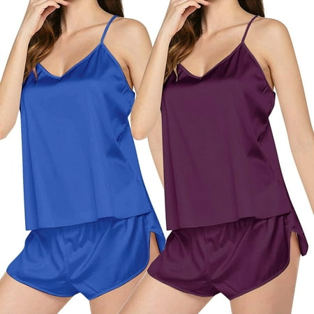 DondPO Womens Pajama Sets Satin Women s Pajamas Set V Neck Lace Camisole Undershirt Sleeveless Shorts Women s Loungewear Silk Pajamas For Women Womens Loungewear Set Multi-color L Clearance