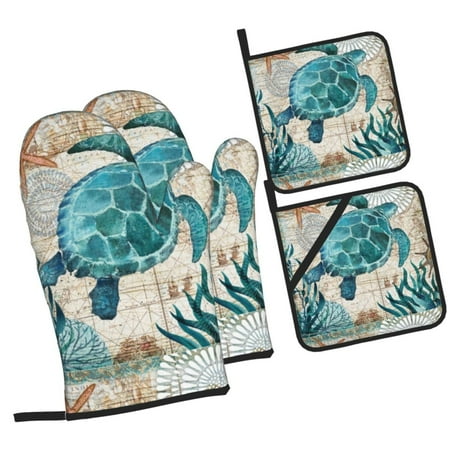 

Zeuib Watercolor Sea Turtle Oven Mitts and Potholders BBQ Gloves Kitchen Oven Glove High Heat Resistant 500 Degree Extra Long Oven Mitts and Potholder with Non-Slip Silicone Surface for Cooking