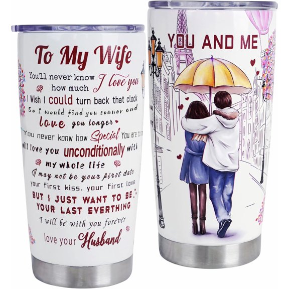 Valentines Day Tumbler Gifts for Wife, Birthday Anniversary Mothers Day Ideas Gifts from Husband, Romantic Valentines Tumbler with Poetry for Wife, 20 Oz Stainless Steel Tumbler