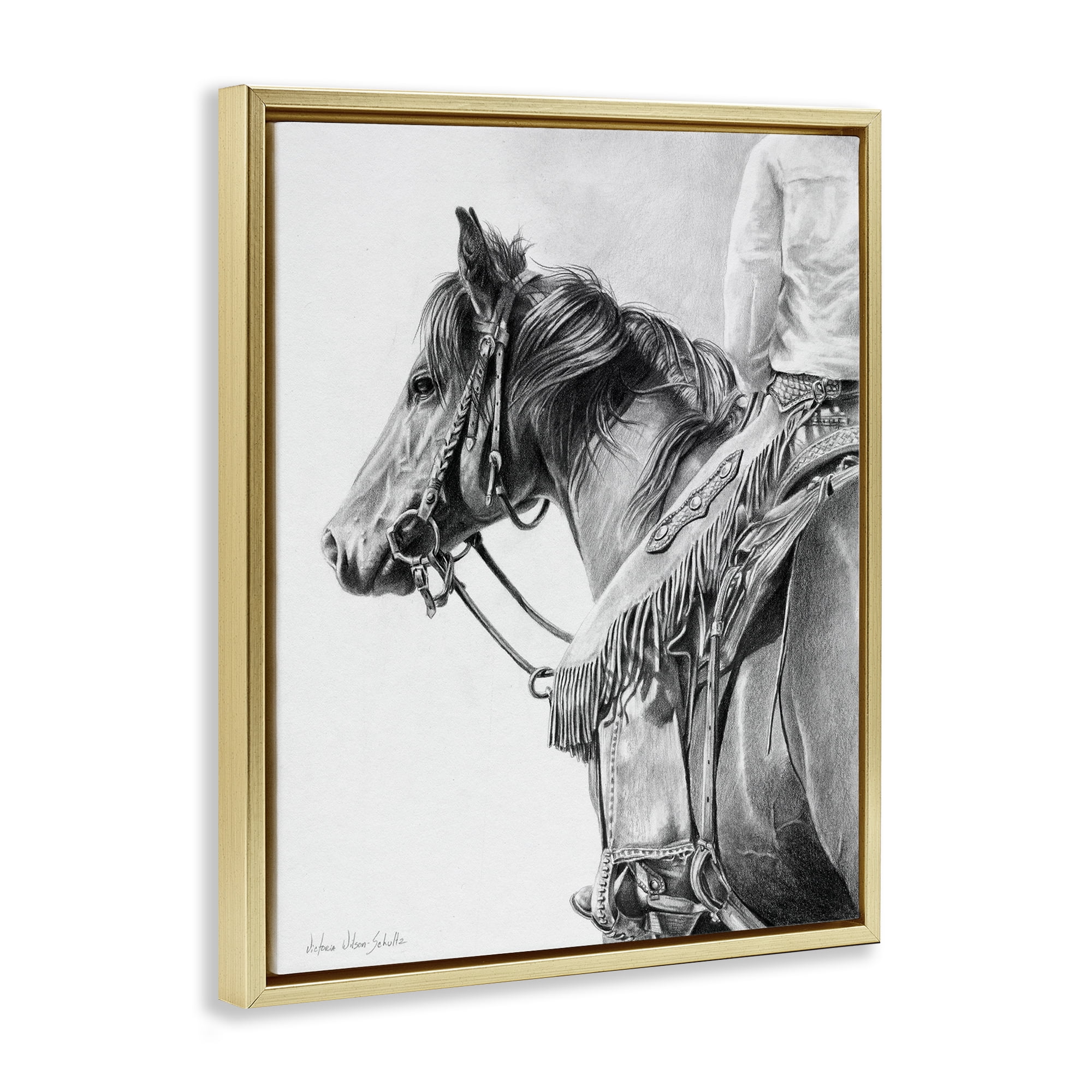 Stupell Industries Detailed Stallion & Cowboy Animals & Insects Drawing Gold Floater Framed Canvas Art Print Wall Art, 17 x 21