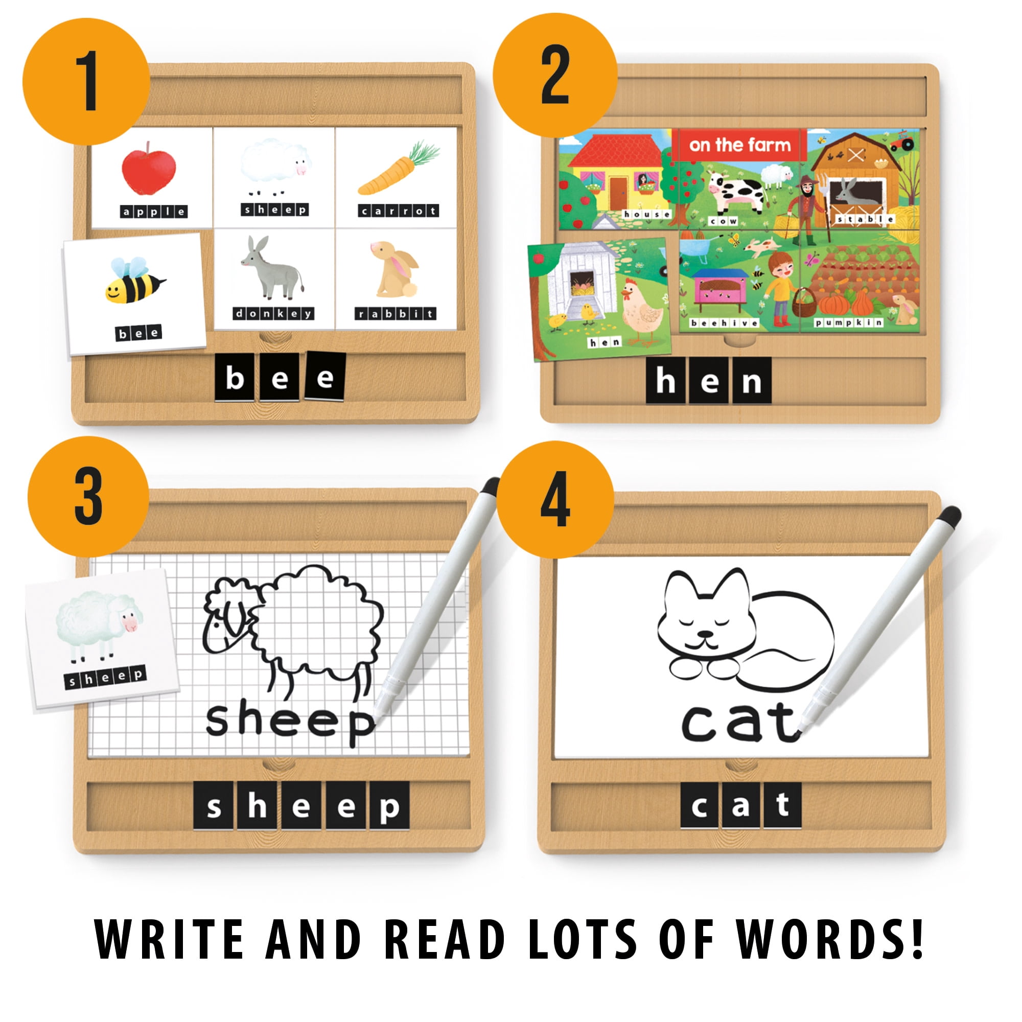 Headu: First Writing Encyclopedia Montessori - Wooden Letter Tracing Board, Dry-Erase Writing Practice, Modular Lexical Scenes, ABC Tiles, Kids 3-6