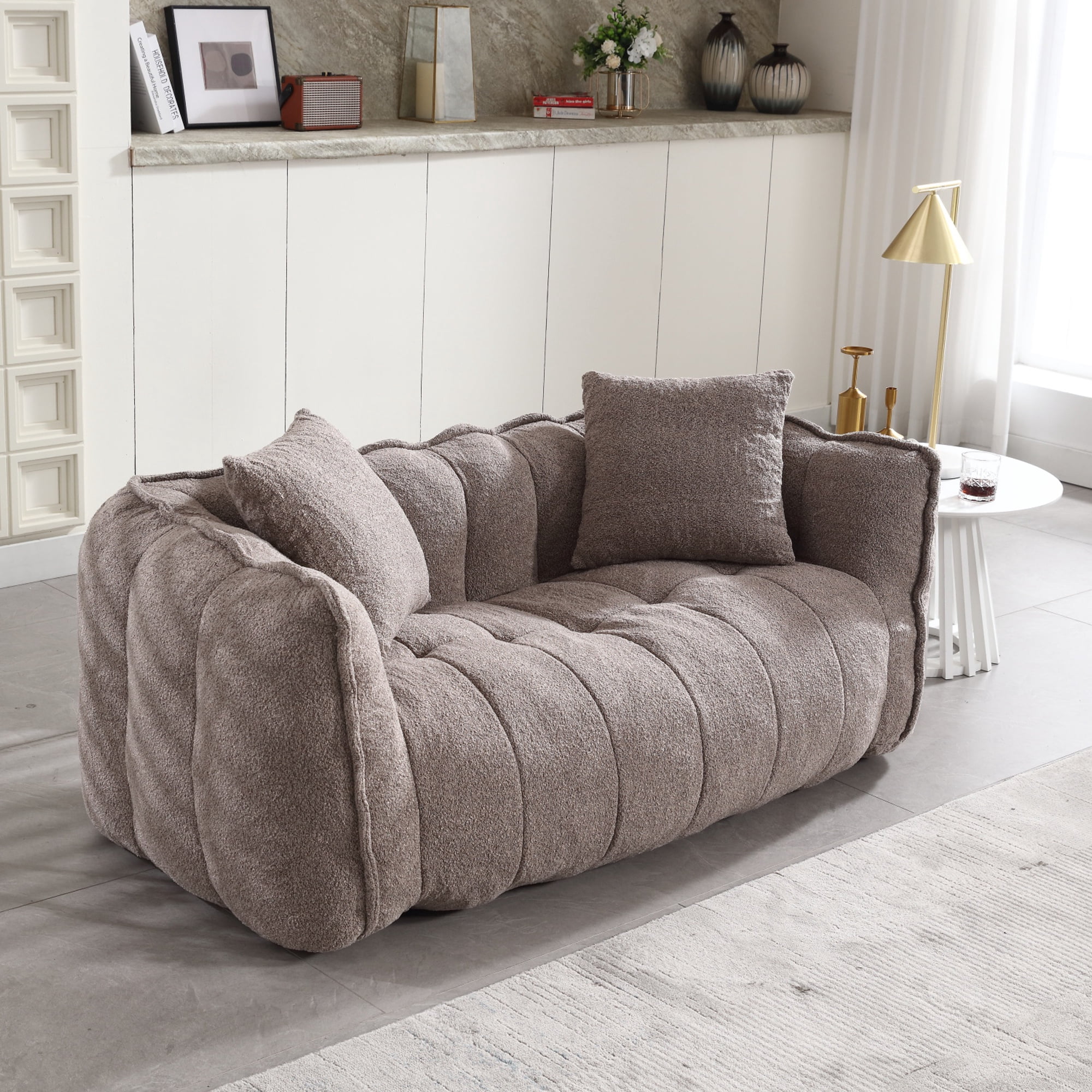PORKISS Oversized Bean Bag Chair with 2 Pillows, Giant Large Loveseat Bean Bag Chair Couch for Adults Teens, Chenille Fabric Sofa, Brown