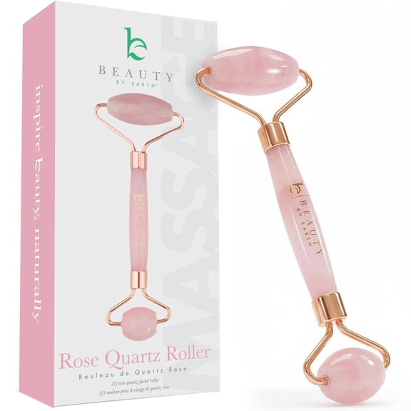 Beauty by Earth Rose Quartz Facial Roller - Best Face Roller and Skincare Tool for Facial Massage, Quality Pink Stone Face and Neck Roller, in Magnetic Gift Box (1 pack)