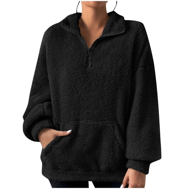 Bowake Chandails en Molleton en Polaire Duveteuse pour Femmes, Col à Revers, Manches Longues, Pull avec Poche