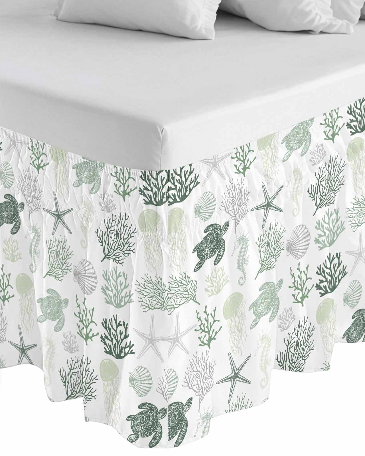Sage Green Coastal Bed Skirt Queen Size, Nautical Summer Beach Coral Sea Turtle Wrap Around Bed Skirting with Adjustable Elastic Strap, Dust Ruffle Pleated Bedskirts 16 Inch Drop for Bedroom Beds