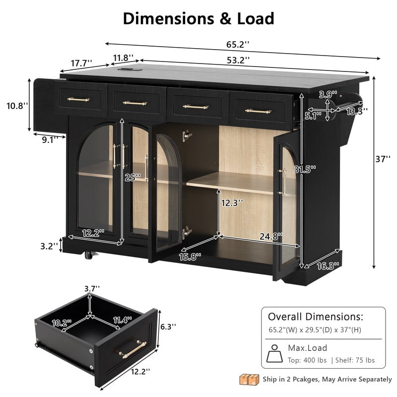 Rolling Kitchen Island Cabinet with Drawers & Drop Leaf, Storage Cart on Wheels with Arched Glass Doors, Power Outlet & Spice Rack