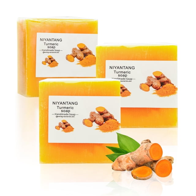 3 PCS Barra de jabón de cúrcuma Jabón de barra natural para rostro y cuerpo Jabón de cúrcuma hecho a mano con aceite de coco Limpia la piel Hidratante y calmante Jabón limpiador suave para todo tipo d