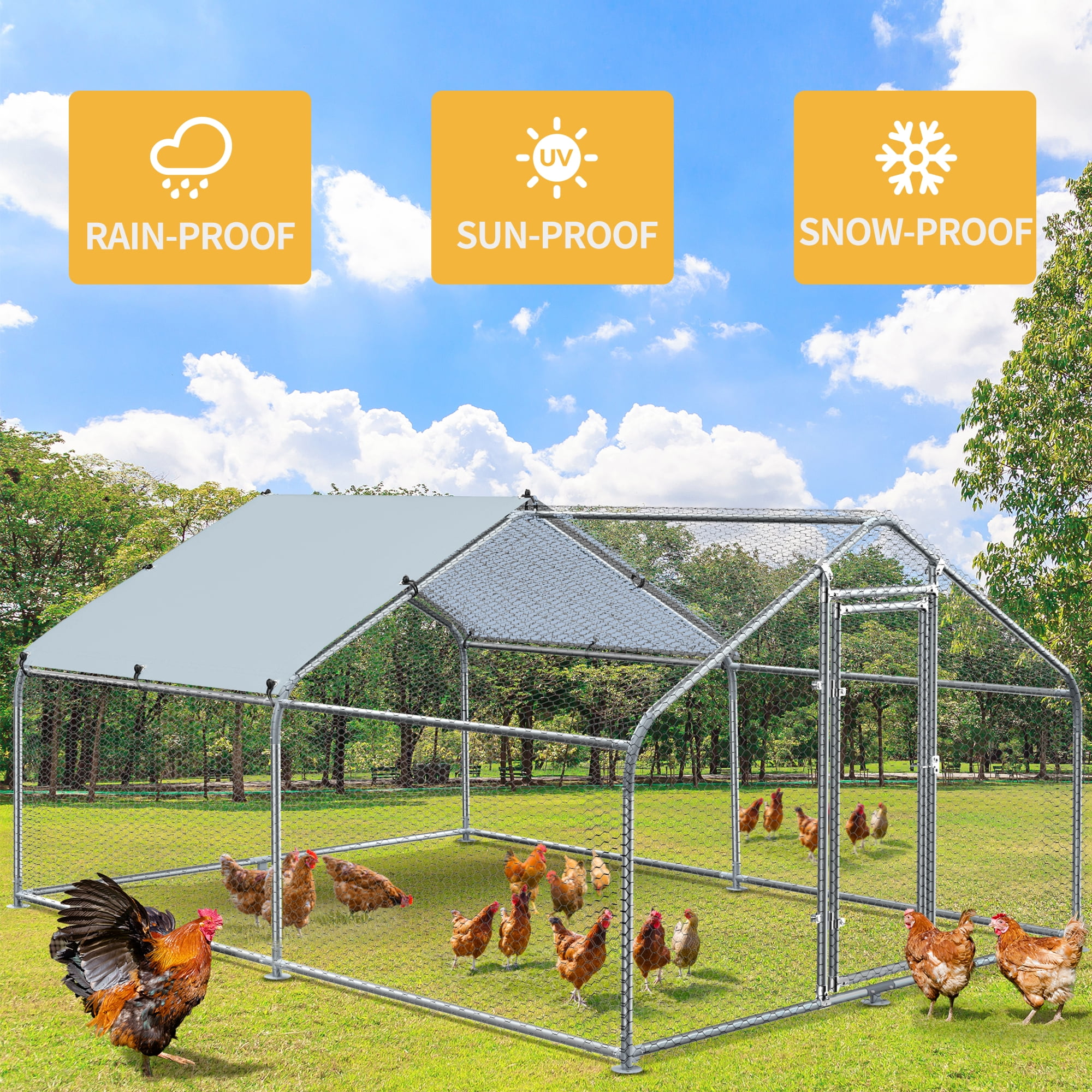 Dextrus 125 Sq.Ft Large Metal Chicken Coop, Walk in Poultry Cage Chicken Run with Waterproof and Anti-Ultraviolet Cover for Outdoor Backyard Farm,Silver