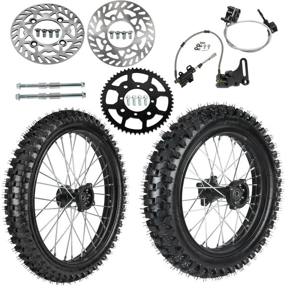 Front 60/100-14 inch and 80/100-12 in Rear Wheel Tire with Rim & Brake Assembly Kit 420 53T Sprocket for Dirt Pit Bike Taotao Apollo SSR 90cc 110cc 125cc 140cc KX65 CRF70 50 (15mm Bearing)