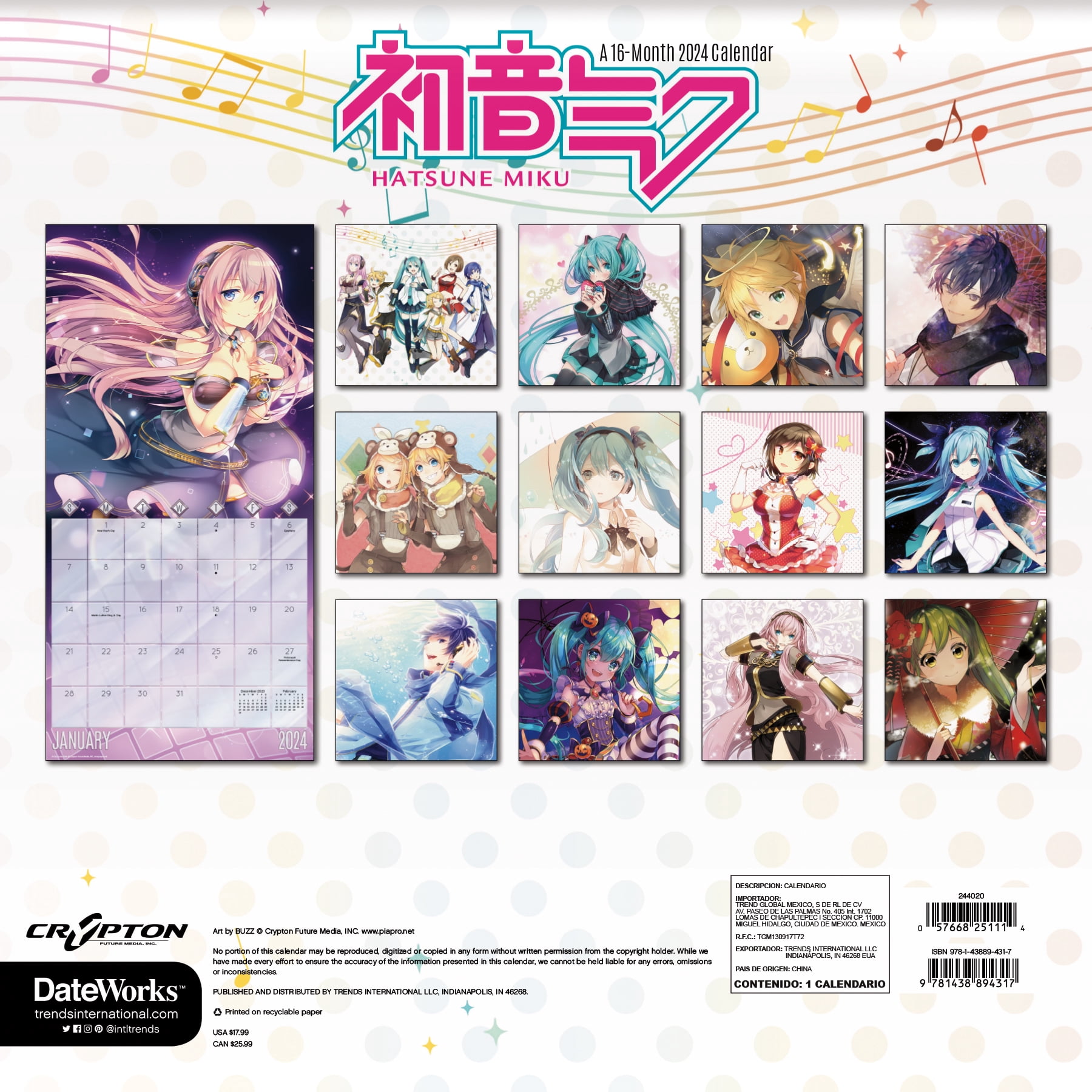Trends International 2024 Hatsune Miku Wall Calendar & Push Pins
